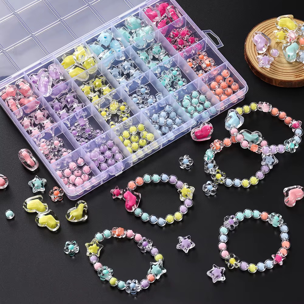 Jewelry Making Kits For Kids - 174個入り/箱 ハート型アクリルビーズ フラワー型ラウンドスペーサー ルースビーズキット ブレスレット ネックレス