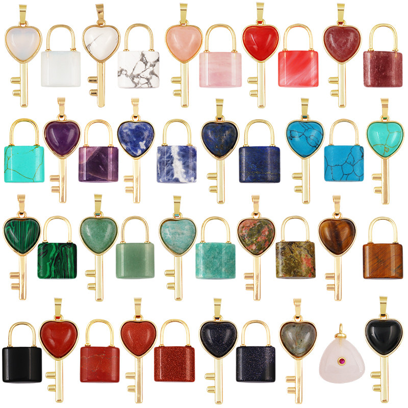 Jewelry Making For Couples - 天然半貴石ハートロックキーチャームペンダントセット、アマゾナイトローズクォーツターコイズクリスタルカップルジュエリーメイキングR95