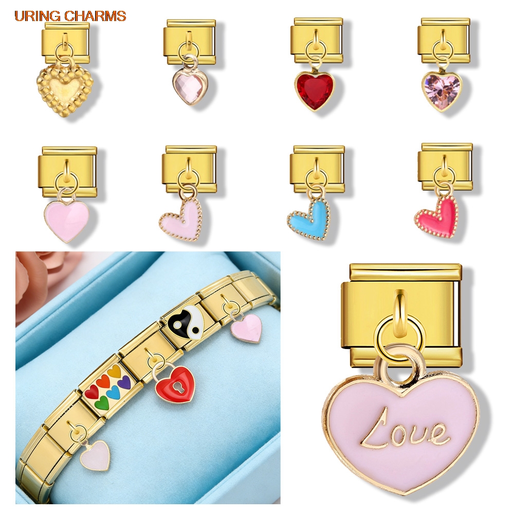Jewelry Making For Couples - URING 弾性チャームゴールドカラーペンダントラブハートイタリアステンレス鋼リンクフィット 9 ミリメートルブレスレット作成ジュエリー DIY カップルギフト
