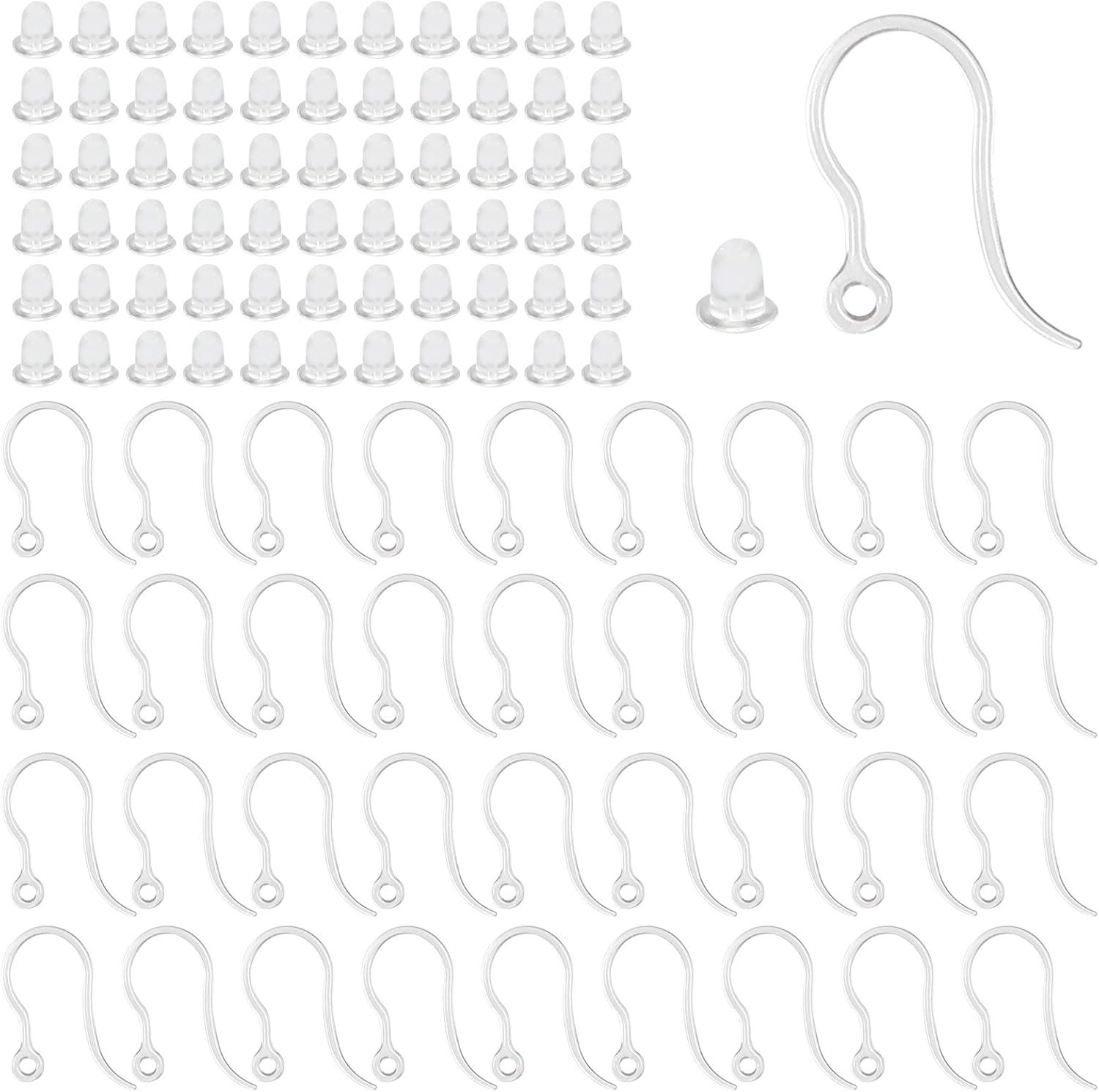 Jewelry Making Wire - 40個の透明なプラスチック製イヤリングフック、ループ付きイヤーワイヤー、透明なイヤリングストッパー付きフレンチフィッシュフック、DIYジュエリー製作用