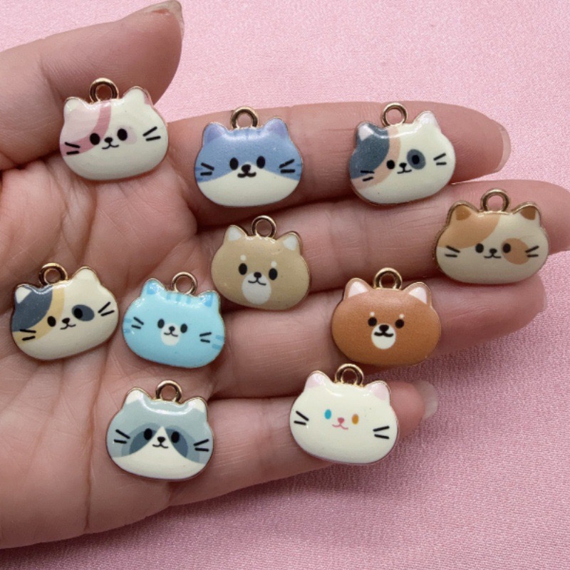 Jewelry Making Factory - 12個入りプリント猫ヘッド合金ドリップオイルペンダント、DIYジュエリー製作イヤリング、キーホルダー、アクセサリー